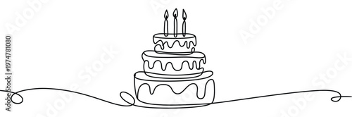 Continuous one line drawing birthday cake with candles sweet celebration torte pastry confectionery icon simple linear style minimal elegant vector illustration.