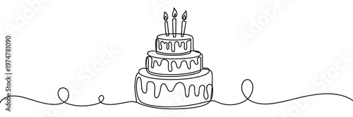 Continuous one line drawing birthday cake with candles sweet celebration torte pastry confectionery icon simple linear style minimal elegant vector illustration.