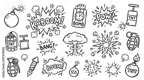 Explosion comic style doodles hand drawn collection of bombs and blasts with sound effects like kaboom and bang