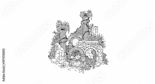 Ancient ruins with overgrown foliage and fallen pillars, rendered in a sketch style