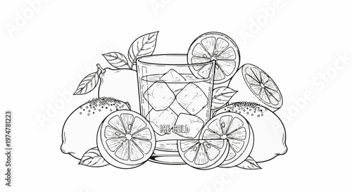 A refreshing glass of ice-cold lemonade with whole and sliced lemons