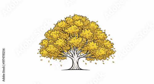 A vibrant golden tree with scattered leaves on a white background