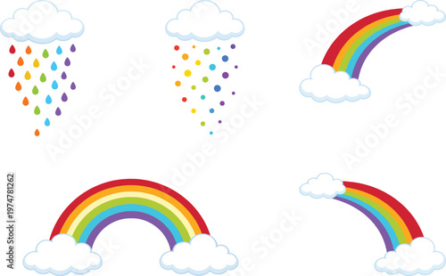 Rainbow And Cloud Collection With Colorful Rain And Cute Weather Designs Vector