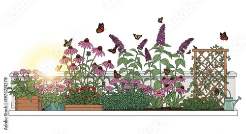 Colorful garden with flowers, butterflies and trellis illustration