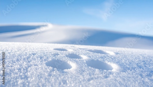 Footprints in the pristine snow of a vast winter landscape under a clear blue sky.