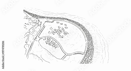 Aerial view sketch of seals swimming and resting in an enclosure