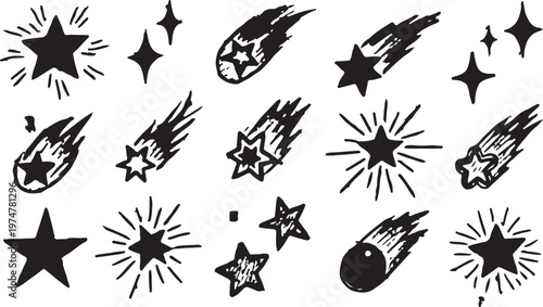 A creative collection of black hand-drawn celestial icons featuring twinkling stars, sparkling bursts, and shooting comets on a clean white background.