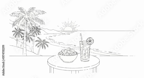 Tropical beach scene with palm trees, sunset, and refreshments on a table