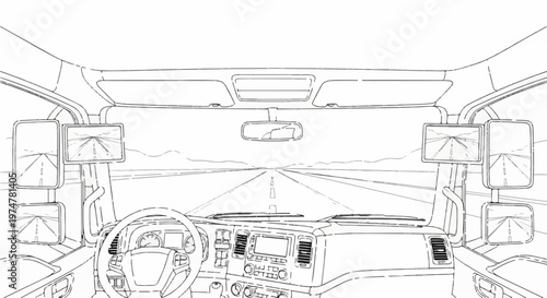 View from inside a truck cab looking out at a long, empty highway