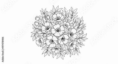 Delicate line art of a floral bouquet with intricate petals and leaves