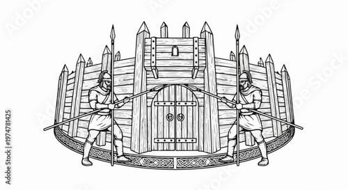 Two armored warriors stand guard at a wooden fort entrance