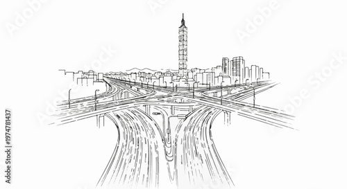 Sketch of a sprawling highway interchange with a tall skyscraper in the background