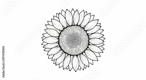 Detailed black and white illustration of a sunflower with radiating petals and a textured center