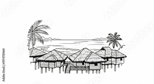 Tropical bungalows on stilts over water with palm trees and distant islands