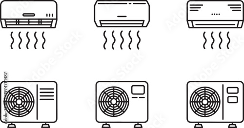 Air conditioner units icons for cooling and heating system with airflow symbols. vector illustration