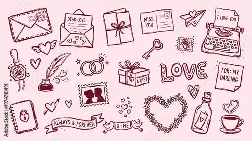 Hand drawn romantic love symbols and elements for valentines day and wedding invitations with hearts envelopes and gifts