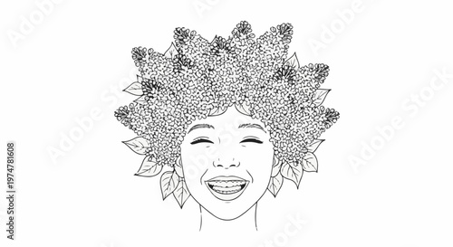 A cheerful person's face adorned with a voluminous crown of flowers