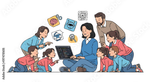 family using laptop together at home with kids learning