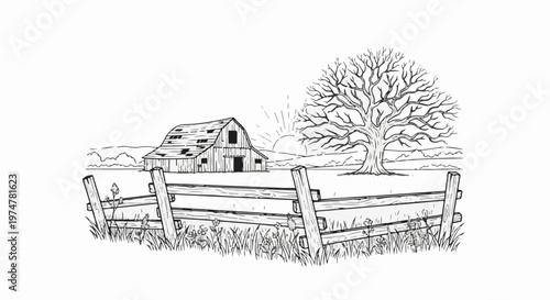 Rustic barn and bare tree under a bright sunrise with a wooden fence