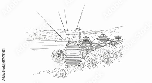 Sketch of a gondola traveling towards traditional buildings by a lake