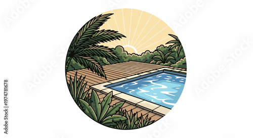 Bright sun illuminates a peaceful poolside retreat with lush greenery