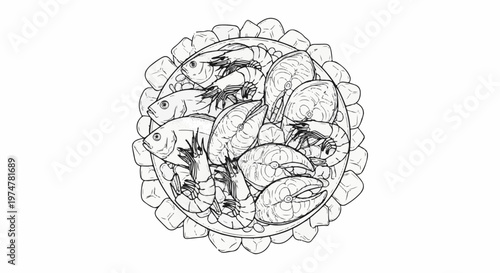 A close-up sketch of a circular platter filled with seafood on ice