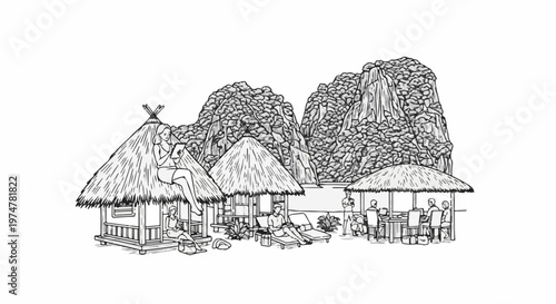 Tropical huts with thatched roofs at the base of rocky cliffs, people relaxing