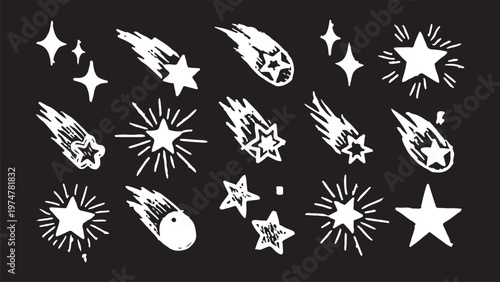 A charming collection of hand-drawn celestial icons featuring twinkling stars, sparkling bursts, and shooting comets on a dark background.