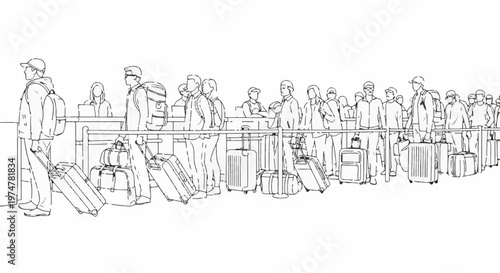 A line of travelers with luggage waits at counters in a stylized sketch