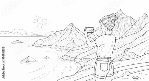 A person with hair buns takes a photo of a coastal mountain range