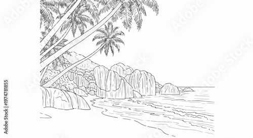 Tropical beach with palm trees, rocky shore, and gentle ocean waves