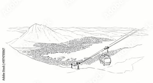 Panoramic sketch of a mountain town with a ski lift ascending