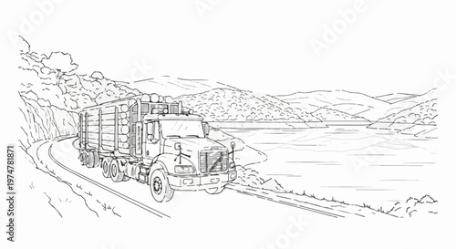 A logging truck drives along a winding road beside a serene lake and rolling hills