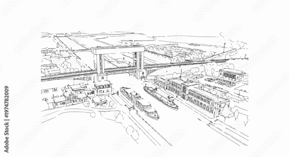 Obraz premium Aerial sketch of a canal with boats and bridge infrastructure