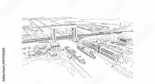 Aerial sketch of a canal with boats and bridge infrastructure