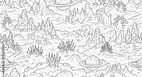 Stylized alien planet landscape with spiky rocks, strange plants and rings