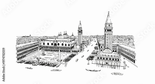 Sketch of Venice's iconic square with bell towers, palaces, and gondolas