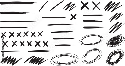 A versatile collection of black hand-drawn marker and ink elements featuring messy scribbles, circular frames, and underlines on a clean white background