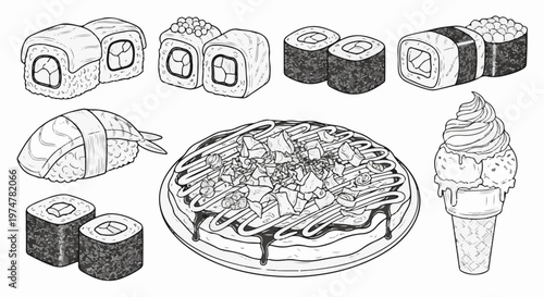 Assortment of Japanese food and ice cream in a clean line drawing