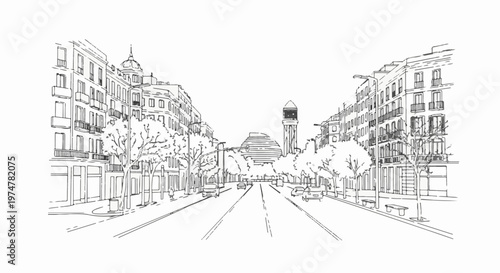Sketch of a tree-lined avenue with modern buildings and a prominent tower