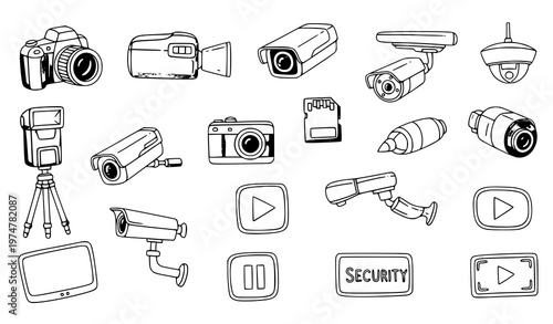 Hand drawn camera video camera CCTV doodle icons vector set with photography and security symbols isolated on white background