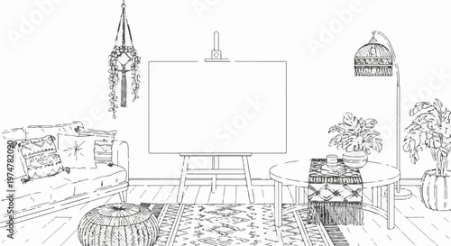 Bohemian living room with couch, rug, table, plants, and easel