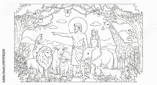 Creation scene with Adam, Eve, and various animals in a lush landscape