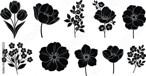 Black and white floral silhouette collection with various flowers and leaves, botanical illustration set isolated on transparent background for decorative, nature, and graphic design use
