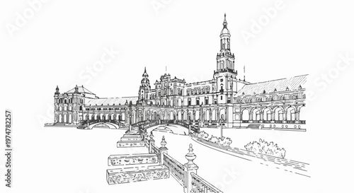 Detailed sketch of a grand building with intricate arches, towers, and a bridge