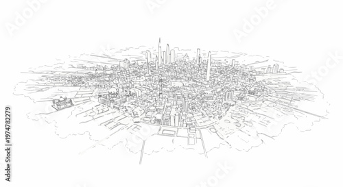 Detailed sketch of a sprawling cityscape with tall buildings and historical structures