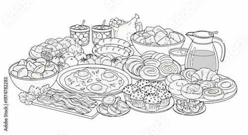 Abundant spread of breakfast and baked goods, including eggs, bacon, fruits, and pastries