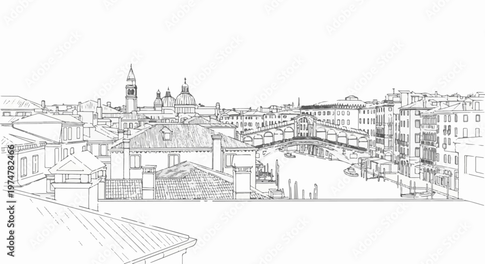 Fototapeta premium Panoramic sketch of a European city with canals, bridges, and domed buildings