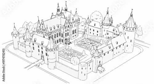 Ornate, detailed drawing of a grand, multi-towered castle complex with gardens