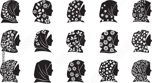 Muslim Woman Silhouette Profile with Floral Hijab Pattern Collection
